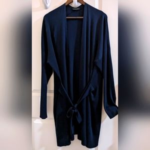 Eileen Fisher Blue Ribbed Cardigan Long Line Belted Sweater XL Tencel